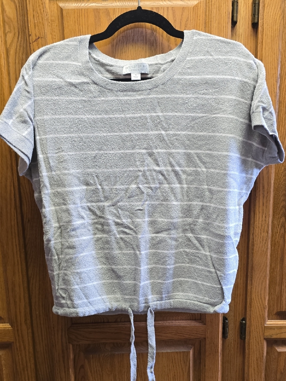Barefoot Dreams Cozy Chic Ultra Lite -Light Gray Striped Short Sleeve Tie Detail